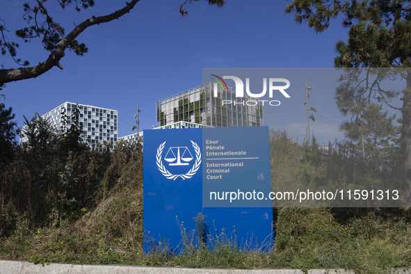 General view with a sign with the official logo and inscription of the International Criminal Court ICC or ICCt, an intergovernmental organi...