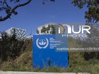 General view with a sign with the official logo and inscription of the International Criminal Court ICC or ICCt, an intergovernmental organi...