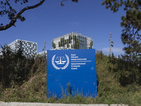 General view with a sign with the official logo and inscription of the International Criminal Court ICC or ICCt, an intergovernmental organi...