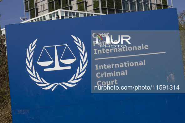 General view with a sign with the official logo and inscription of the International Criminal Court ICC or ICCt, an intergovernmental organi...