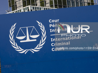 General view with a sign with the official logo and inscription of the International Criminal Court ICC or ICCt, an intergovernmental organi...