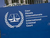 General view with a sign with the official logo and inscription of the International Criminal Court ICC or ICCt, an intergovernmental organi...