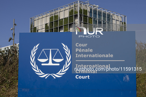 General view with a sign with the official logo and inscription of the International Criminal Court ICC or ICCt, an intergovernmental organi...