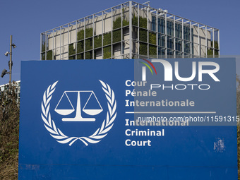 General view with a sign with the official logo and inscription of the International Criminal Court ICC or ICCt, an intergovernmental organi...