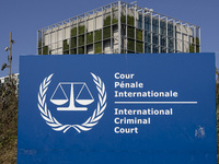 General view with a sign with the official logo and inscription of the International Criminal Court ICC or ICCt, an intergovernmental organi...