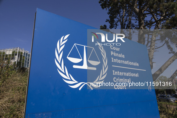 General view with a sign with the official logo and inscription of the International Criminal Court ICC or ICCt, an intergovernmental organi...