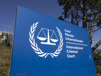 General view with a sign with the official logo and inscription of the International Criminal Court ICC or ICCt, an intergovernmental organi...