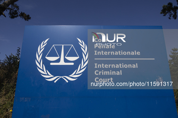 General view with a sign with the official logo and inscription of the International Criminal Court ICC or ICCt, an intergovernmental organi...