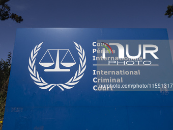 General view with a sign with the official logo and inscription of the International Criminal Court ICC or ICCt, an intergovernmental organi...