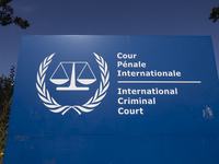 General view with a sign with the official logo and inscription of the International Criminal Court ICC or ICCt, an intergovernmental organi...