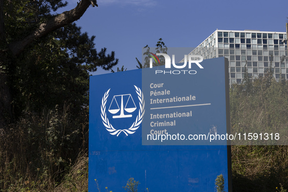 General view with a sign with the official logo and inscription of the International Criminal Court ICC or ICCt, an intergovernmental organi...