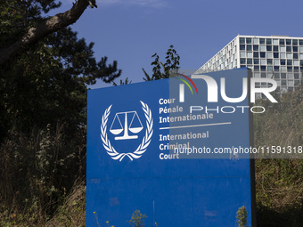 General view with a sign with the official logo and inscription of the International Criminal Court ICC or ICCt, an intergovernmental organi...