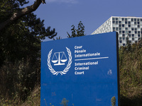 General view with a sign with the official logo and inscription of the International Criminal Court ICC or ICCt, an intergovernmental organi...