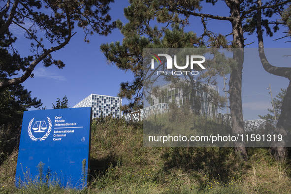 General view with a sign with the official logo and inscription of the International Criminal Court ICC or ICCt, an intergovernmental organi...