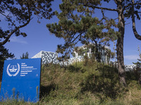 General view with a sign with the official logo and inscription of the International Criminal Court ICC or ICCt, an intergovernmental organi...