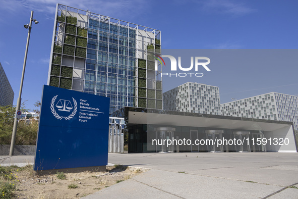 General view with a sign with the official logo and inscription of the International Criminal Court ICC or ICCt, an intergovernmental organi...