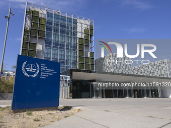 General view with a sign with the official logo and inscription of the International Criminal Court ICC or ICCt, an intergovernmental organi...