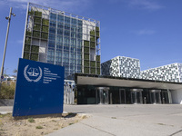 General view with a sign with the official logo and inscription of the International Criminal Court ICC or ICCt, an intergovernmental organi...