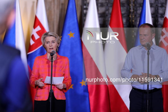 Polish Prime Minister Donald Tusk and European Commission President Ursula von der Leyen meet with Czech Prime Minister Petr Fiala, Slovak P...