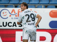 Lorenzo Colombo (Empoli FC) celebrates during the Serie A TIM match between Cagliari Calcio and Empoli FC in Italy on September 20, 2024 (