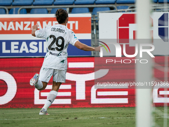 Lorenzo Colombo (Empoli FC) celebrates during the Serie A TIM match between Cagliari Calcio and Empoli FC in Italy on September 20, 2024 (