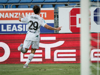 Lorenzo Colombo (Empoli FC) celebrates during the Serie A TIM match between Cagliari Calcio and Empoli FC in Italy on September 20, 2024 (