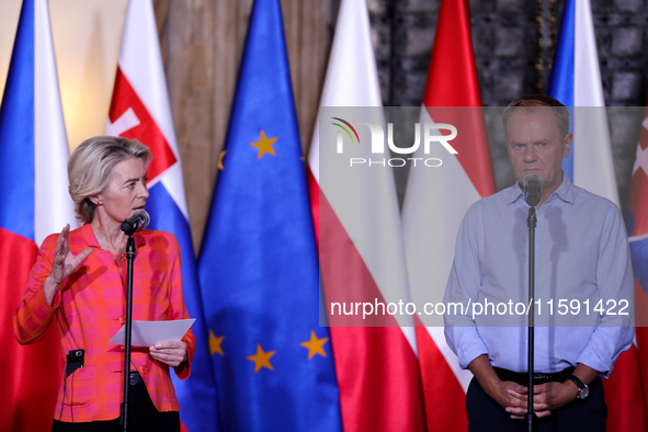 Polish Prime Minister Donald Tusk and European Commission President Ursula von der Leyen meet with Czech Prime Minister Petr Fiala, Slovak P...