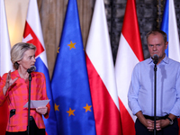 Polish Prime Minister Donald Tusk and European Commission President Ursula von der Leyen meet with Czech Prime Minister Petr Fiala, Slovak P...