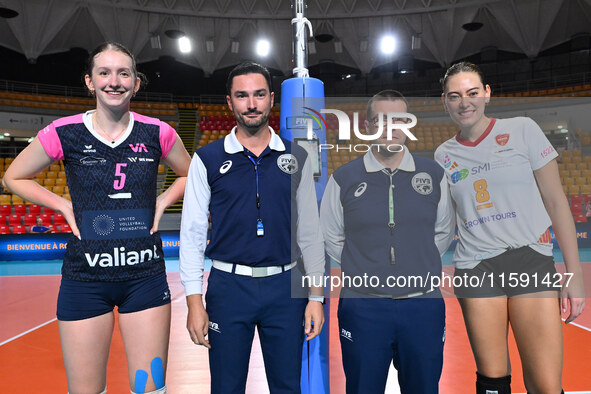 Fiona Maeder of Volleyball Academy and Michela Rucli of Roma Volley Club during day 3 of the CEV Volleyball Challenge Cup 2025 Women - Prequ...