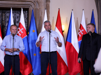 Polish Prime Minister Donald Tusk (L) with Austrian Chancellor Karl Nehammer (C) and Slovak Prime Minister Robert Fica (R) during a meeting...