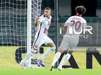 Antonio Sanabria of Torino FC celebrates after scoring first goal during the Serie A Enilive match between Hellas Verona and Torino FC at St...