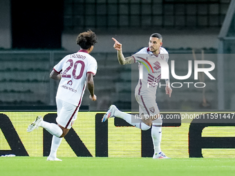 Antonio Sanabria of Torino FC celebrates after scoring first goal during the Serie A Enilive match between Hellas Verona and Torino FC at St...