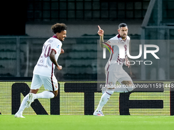 Antonio Sanabria of Torino FC celebrates after scoring first goal during the Serie A Enilive match between Hellas Verona and Torino FC at St...