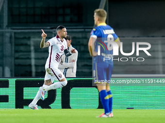 Antonio Sanabria of Torino FC celebrates after scoring first goal during the Serie A Enilive match between Hellas Verona and Torino FC at St...