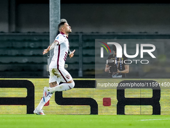 Antonio Sanabria of Torino FC celebrates after scoring first goal during the Serie A Enilive match between Hellas Verona and Torino FC at St...