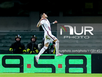 Antonio Sanabria of Torino FC celebrates after scoring first goal during the Serie A Enilive match between Hellas Verona and Torino FC at St...