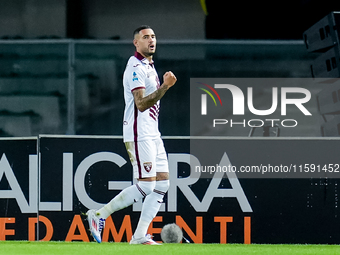 Antonio Sanabria of Torino FC celebrates after scoring first goal during the Serie A Enilive match between Hellas Verona and Torino FC at St...