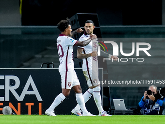 Antonio Sanabria of Torino FC celebrates after scoring first goal during the Serie A Enilive match between Hellas Verona and Torino FC at St...