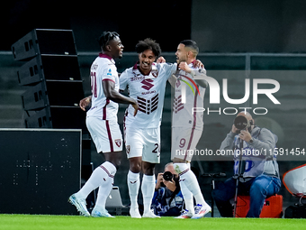 Antonio Sanabria of Torino FC celebrates after scoring first goal during the Serie A Enilive match between Hellas Verona and Torino FC at St...