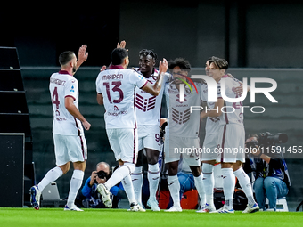 Antonio Sanabria of Torino FC celebrates after scoring first goal during the Serie A Enilive match between Hellas Verona and Torino FC at St...