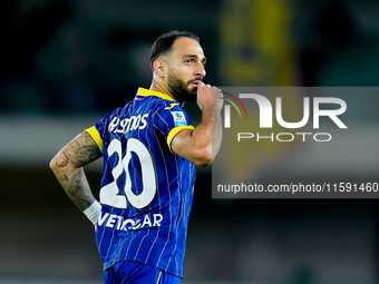 Grigoris Kastanos of Hellas Verona celebrates after scoring first goal during the Serie A Enilive match between Hellas Verona and Torino FC...