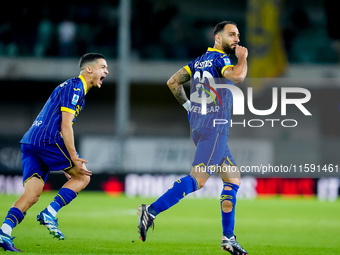 Grigoris Kastanos of Hellas Verona celebrates after scoring first goal during the Serie A Enilive match between Hellas Verona and Torino FC...