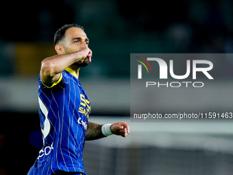 Grigoris Kastanos of Hellas Verona celebrates after scoring first goal during the Serie A Enilive match between Hellas Verona and Torino FC...