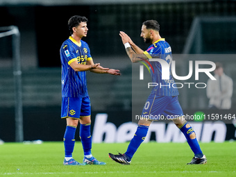 Grigoris Kastanos of Hellas Verona celebrates after scoring first goal during the Serie A Enilive match between Hellas Verona and Torino FC...