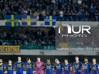 Players of Hellas Verona observe a minute's silence in memory of Toto Schillaci during the Serie A Enilive match between Hellas Verona and T...