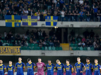 Players of Hellas Verona observe a minute's silence in memory of Toto Schillaci during the Serie A Enilive match between Hellas Verona and T...