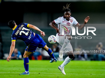 Adrien Tameze of Torino FC and Dani Silva of Hellas Verona compete for the ball during the Serie A Enilive match between Hellas Verona and T...