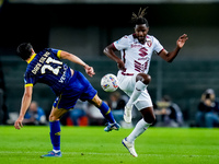 Adrien Tameze of Torino FC and Dani Silva of Hellas Verona compete for the ball during the Serie A Enilive match between Hellas Verona and T...