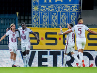 Duvan Zapata of Torino FC celebrates after scoring second goal during the Serie A Enilive match between Hellas Verona and Torino FC at Stadi...