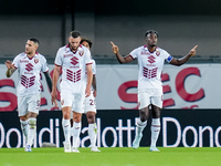 Duvan Zapata of Torino FC celebrates after scoring second goal during the Serie A Enilive match between Hellas Verona and Torino FC at Stadi...